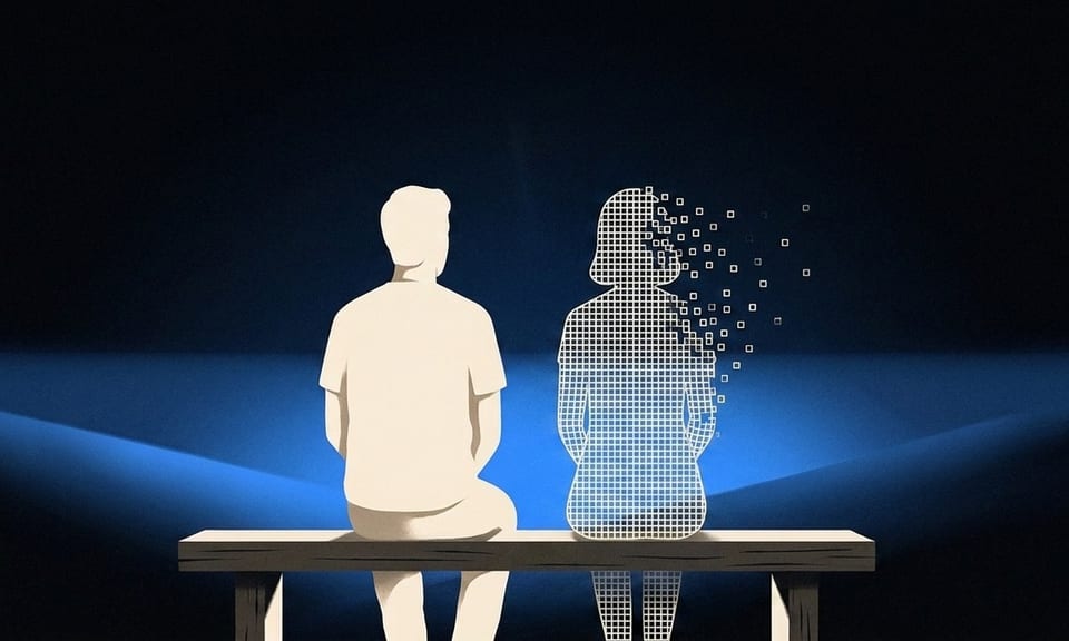 Two figures seated side by side on a bench in the dark. The left is a person; the right is the same height but woven from a fine lattice that scatters into flecks above the shoulder.